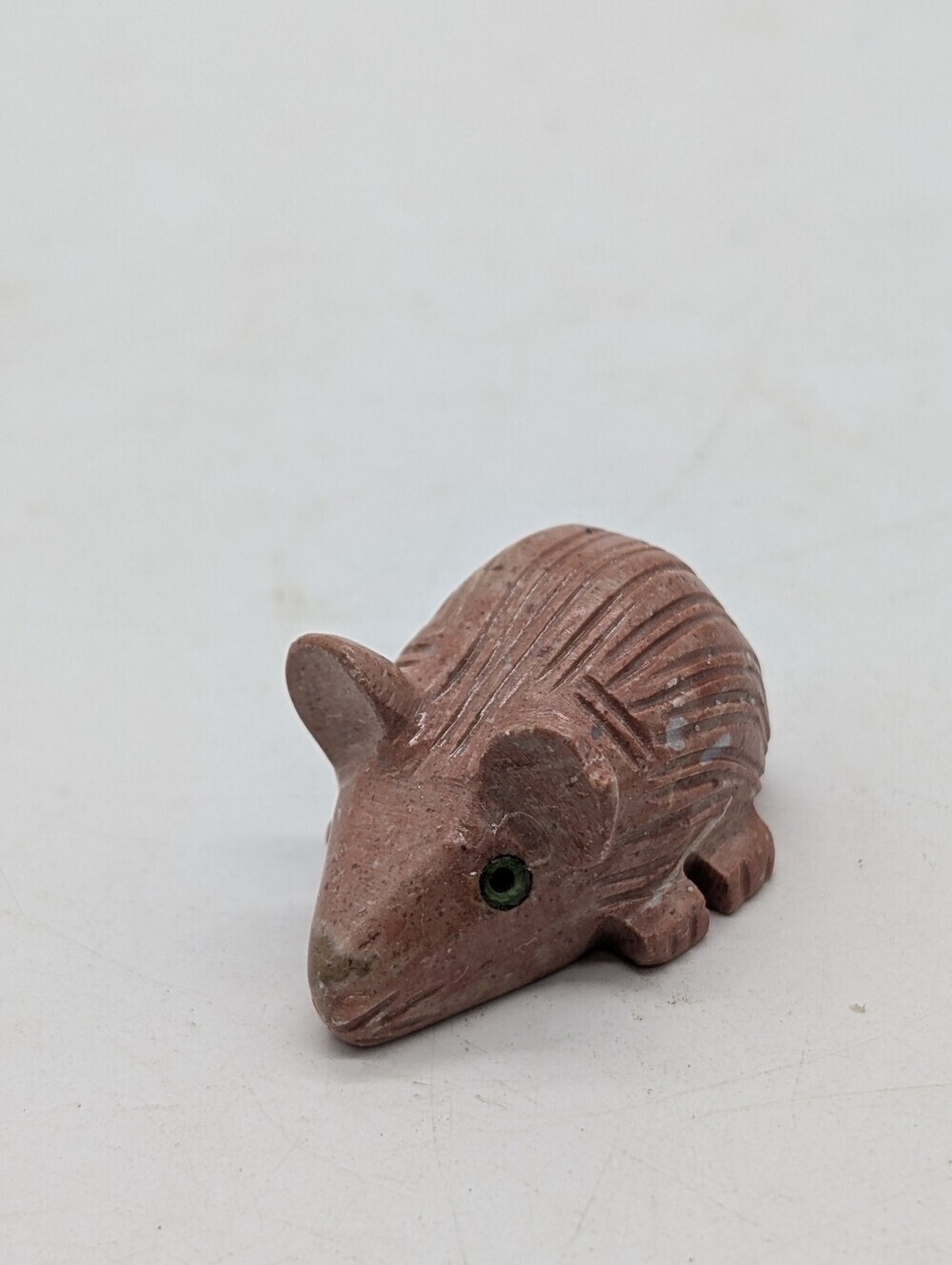 Vintage Hand-Carved Soapstone Mouse Figurine with Inlaid Malachite Eyes